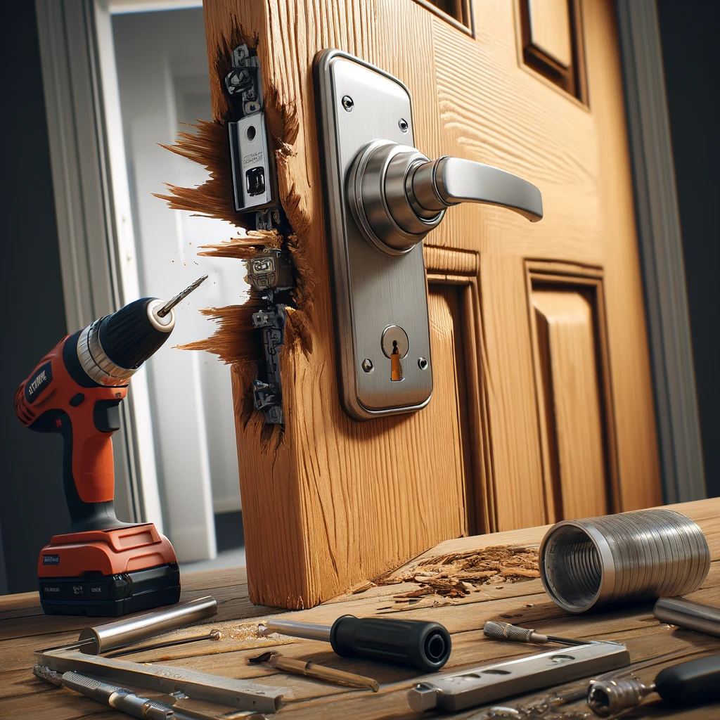 An ultra-realistic depiction of a home's front door viewed from inside, focusing on a damaged lock with deep scratches and tool marks, indicating a forced entry attempt. The wooden door shows natural wear and grain details, with the frame also visibly damaged. In the foreground, a table holds modern locksmith tools including a drill, screwdrivers, and a new lock in its packaging, ready to be installed. The scene has complex lighting and shadows, with selective focus on the damaged lock and tools, enhancing the urgency and realism of securing the home.